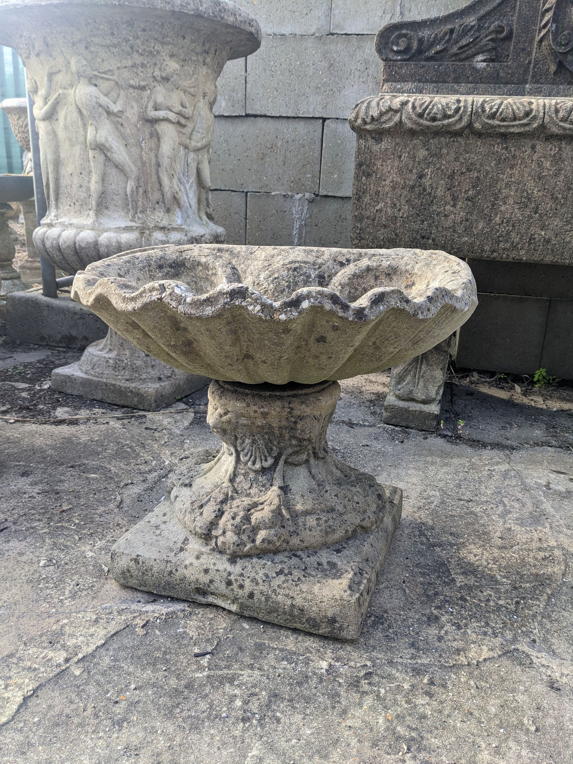 shell birdbath stone garden statue