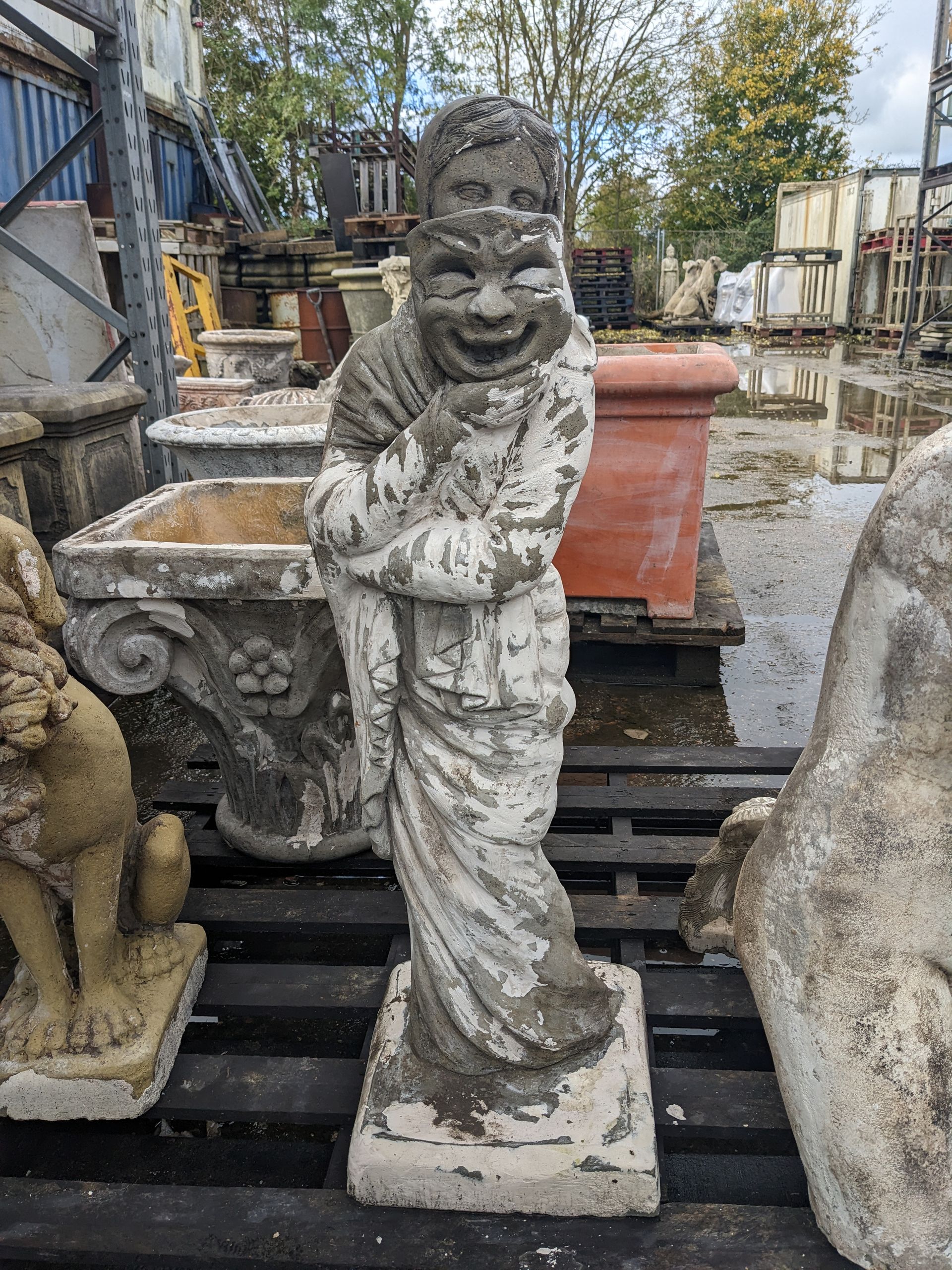comedy mask theatre actor roman greek figure stone garden statue
