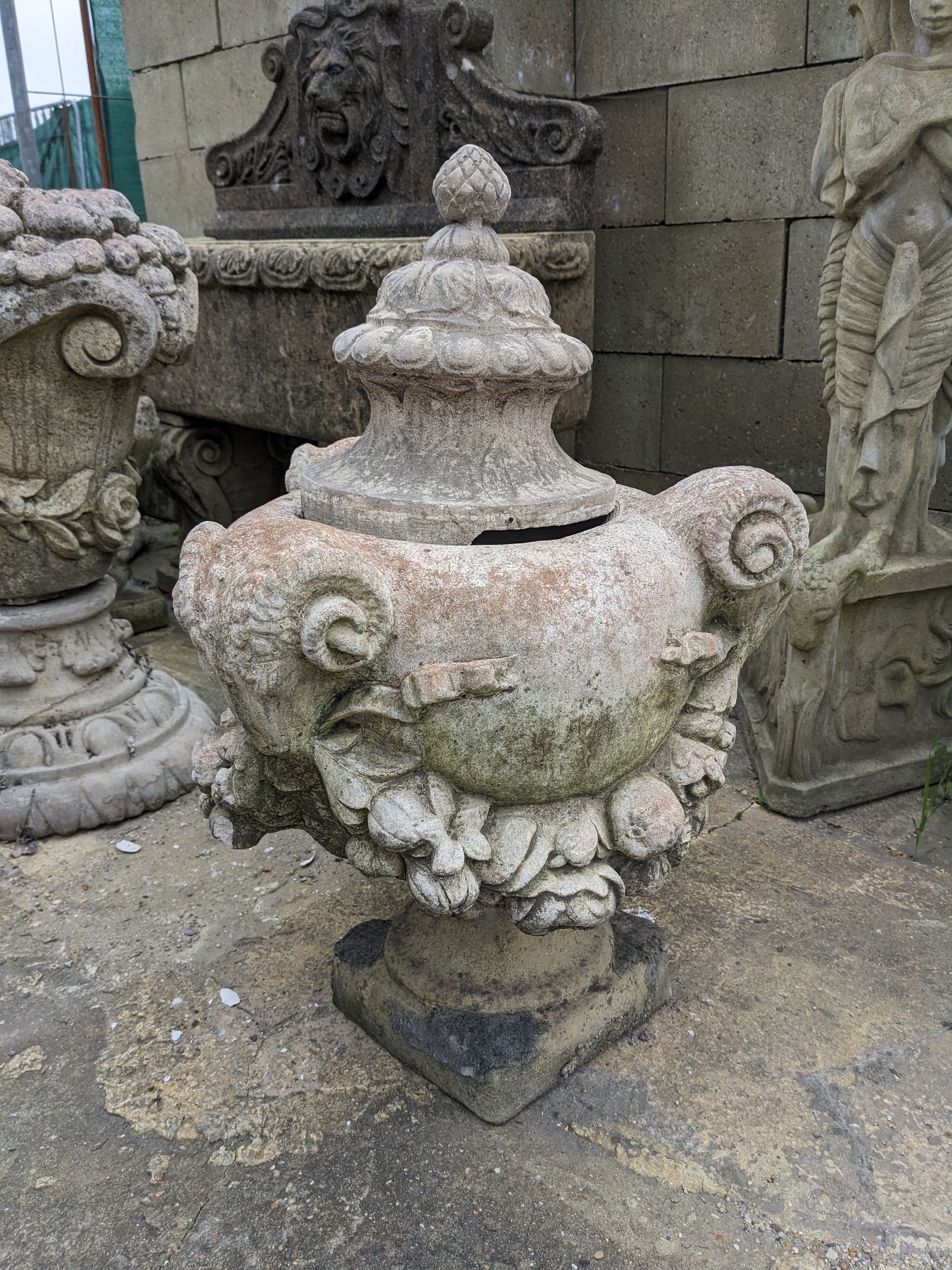 ram vase with lid tub pot urn stone garden statue