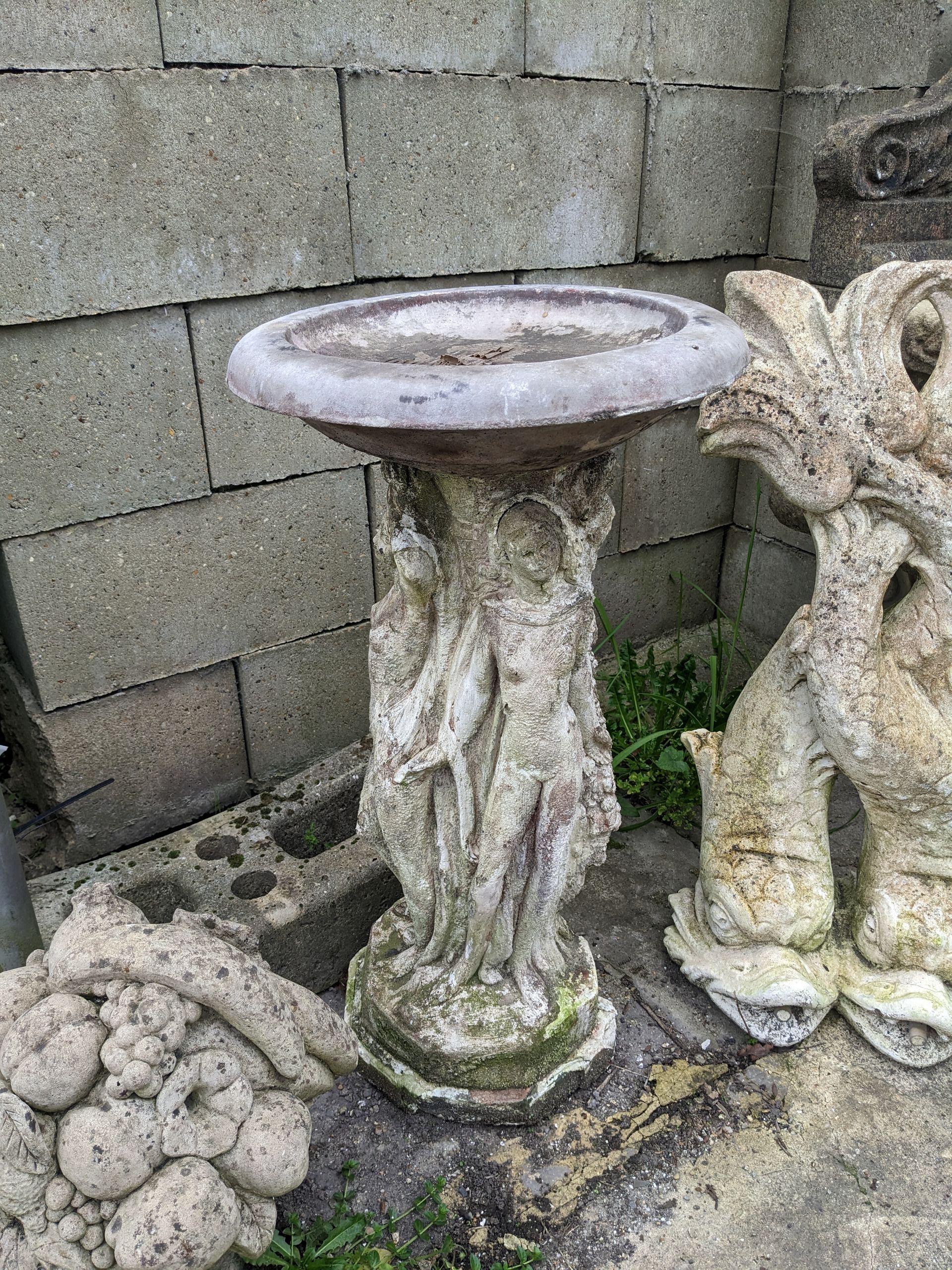 three graces birdbath stone garden statue