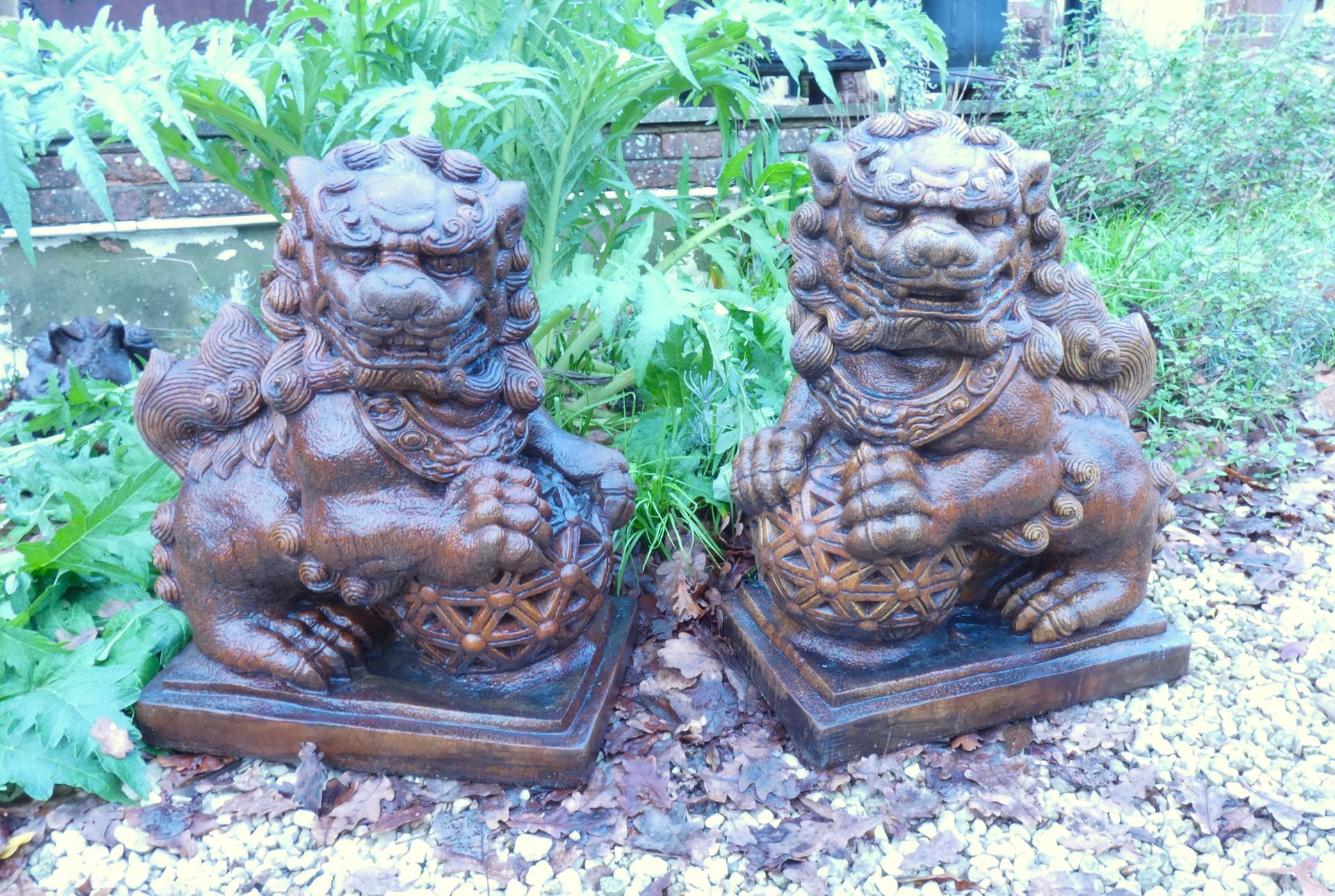 foo dog lion pair mythical eastern Chinese stone garden statue