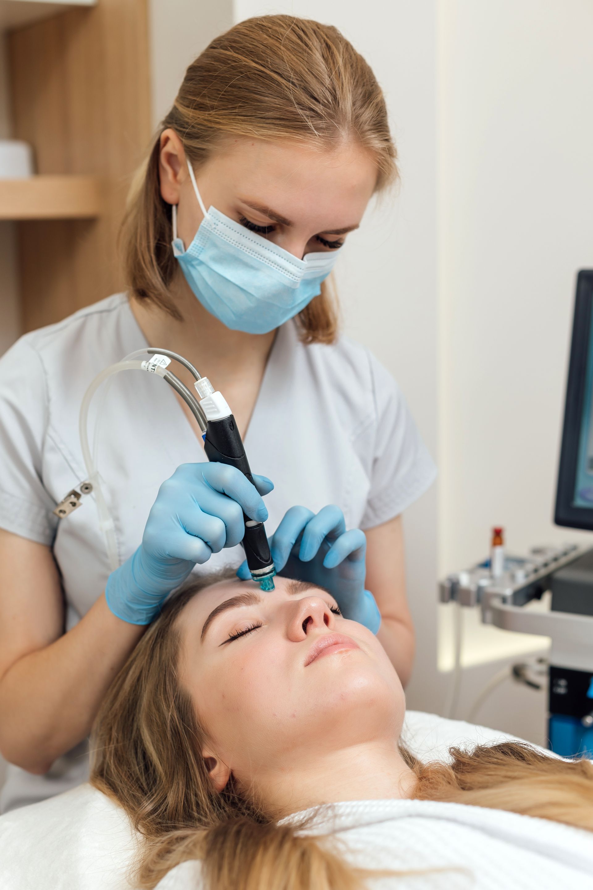 A woman is getting a facial treatment at a beauty salon.