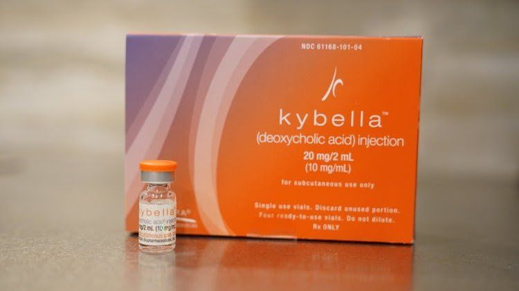 A bottle of kybella is next to a box of kybella