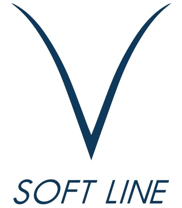 A logo for soft line with a blue arrow