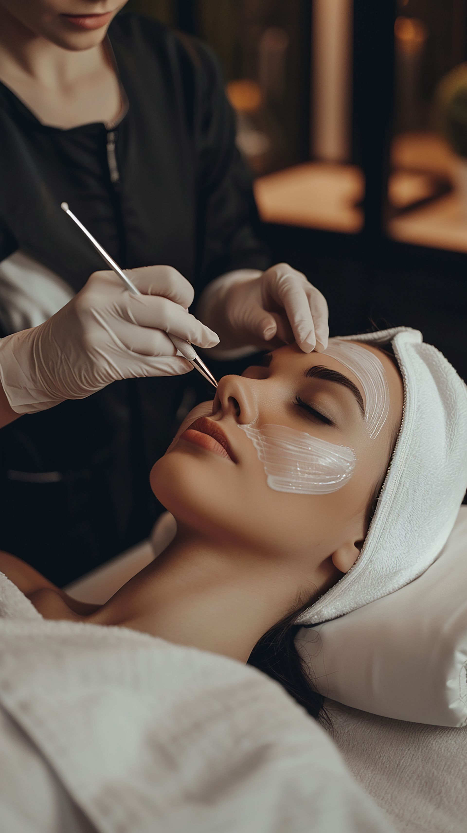 A woman is getting a facial treatment at a spa.