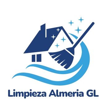Logotipo de Limpieza Almería GL: casa azul, escoba, olas y destellos.