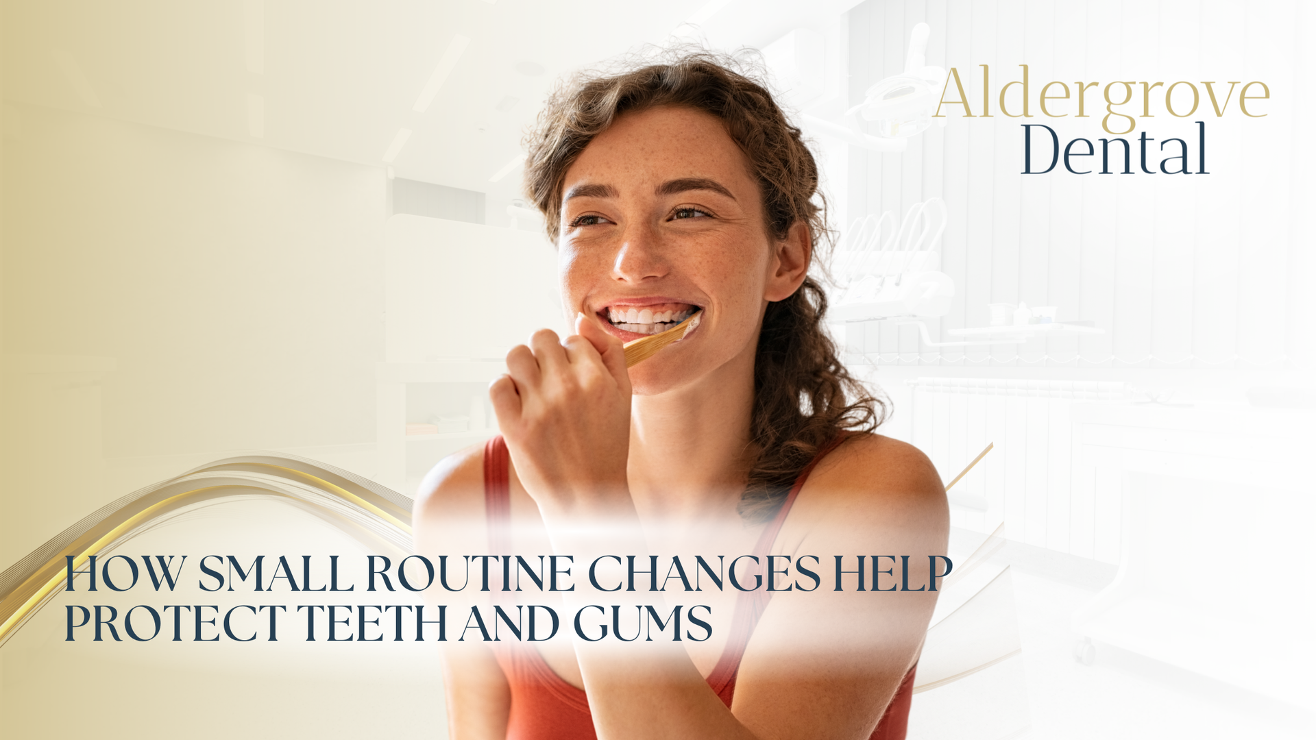 Smiling person flossing teeth beside Aldergrove Dental logo and text about protecting teeth and gums