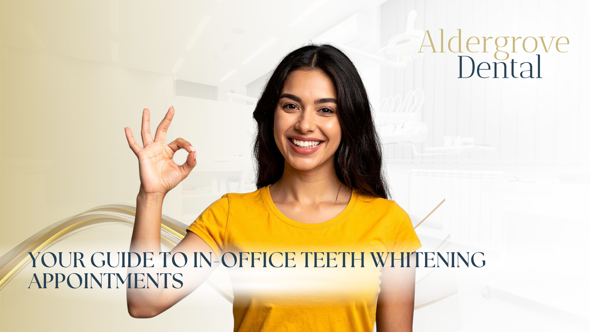 Smiling woman in mustard top making OK gesture beside dental whitening appointment text