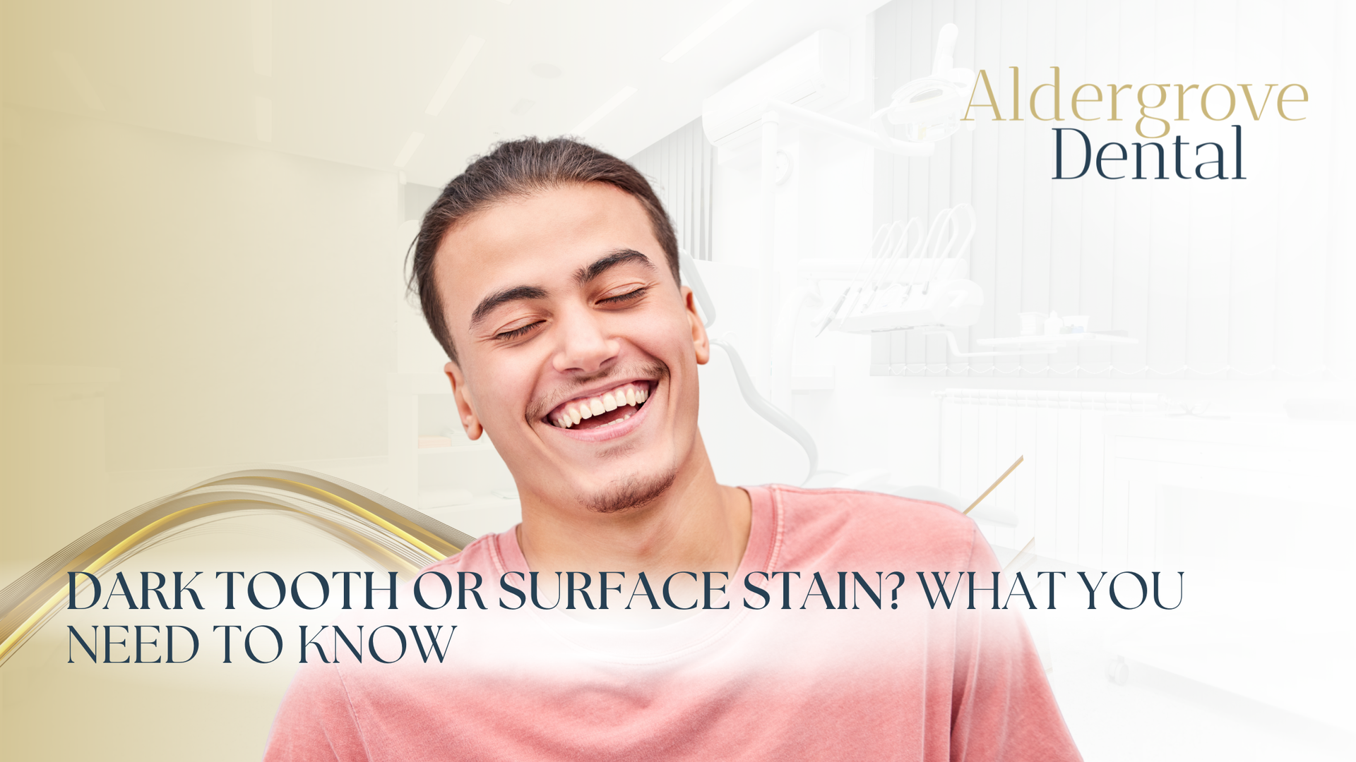 Smiling man in pink shirt beside text on dark tooth or surface stain, Aldergrove Dental logo