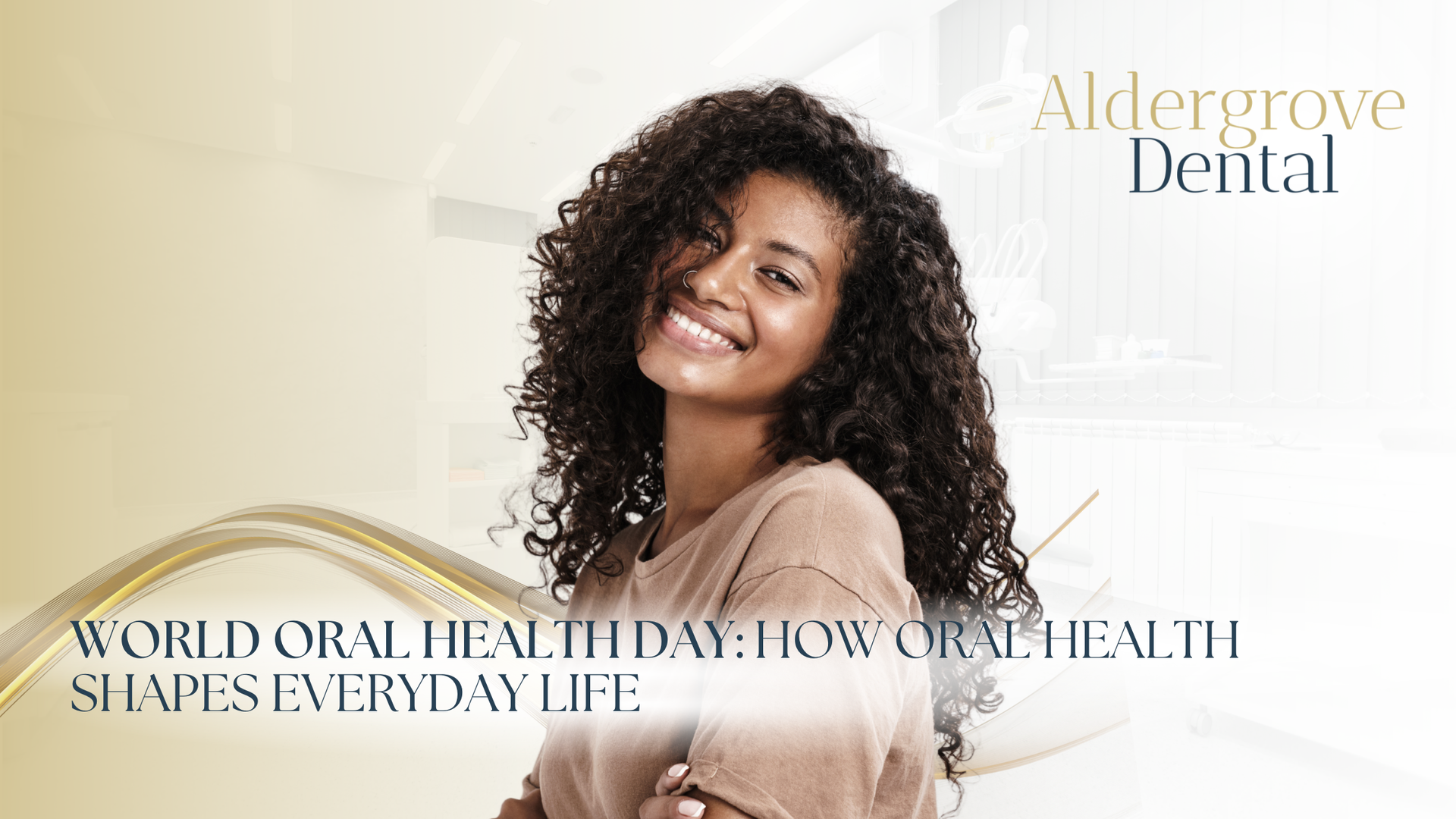 Woman smiling in a bright dental ad with “Aldergrove Dental” and “World Oral Health Day” text