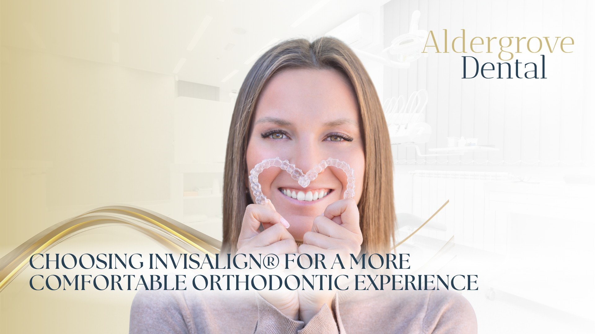 Woman smiling in bright dental ad, holding Invisalign aligners, with Aldergrove Dental logo and text.