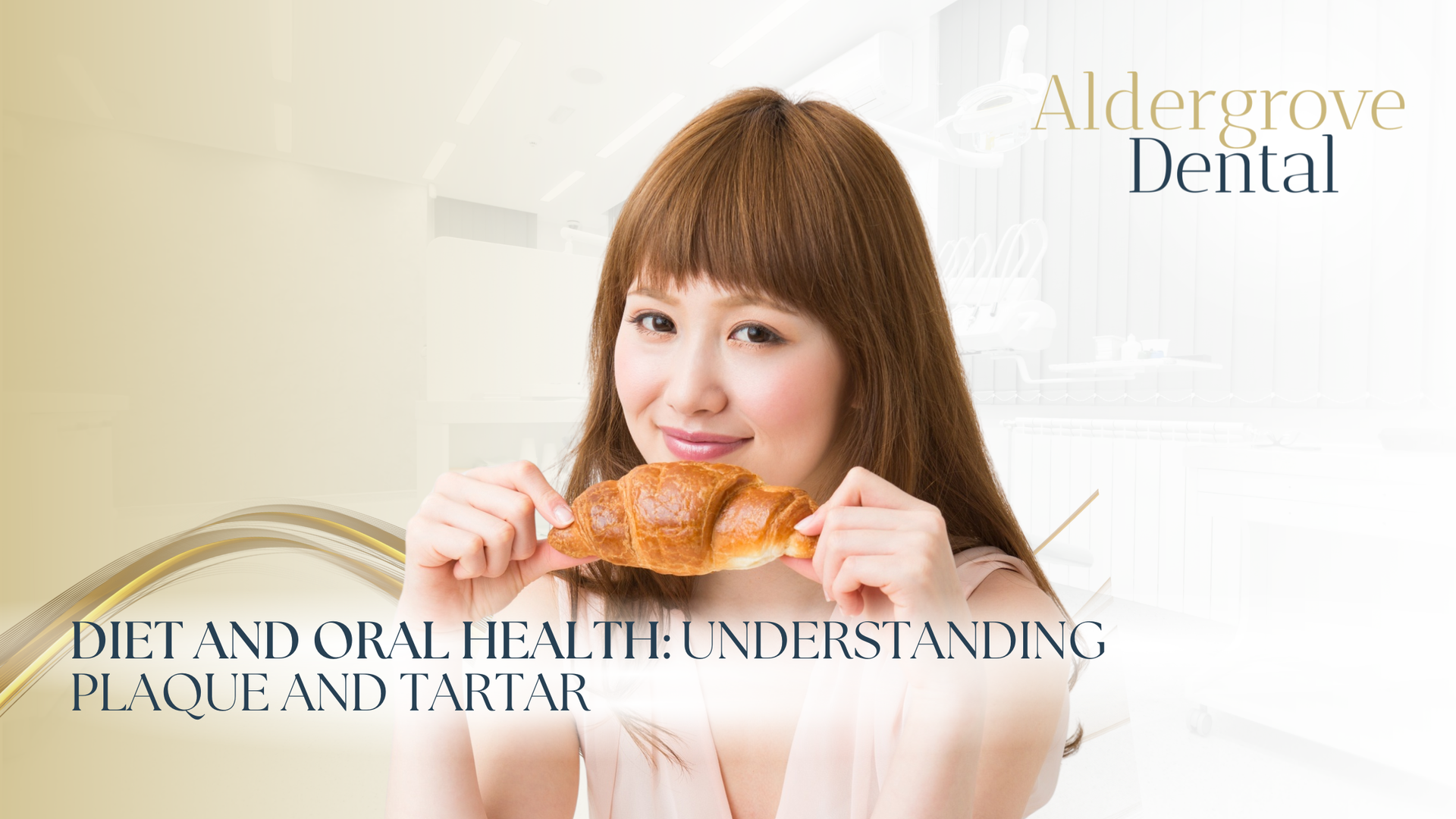 Smiling woman holding dental model beside text about diet, oral health, plaque and tartar