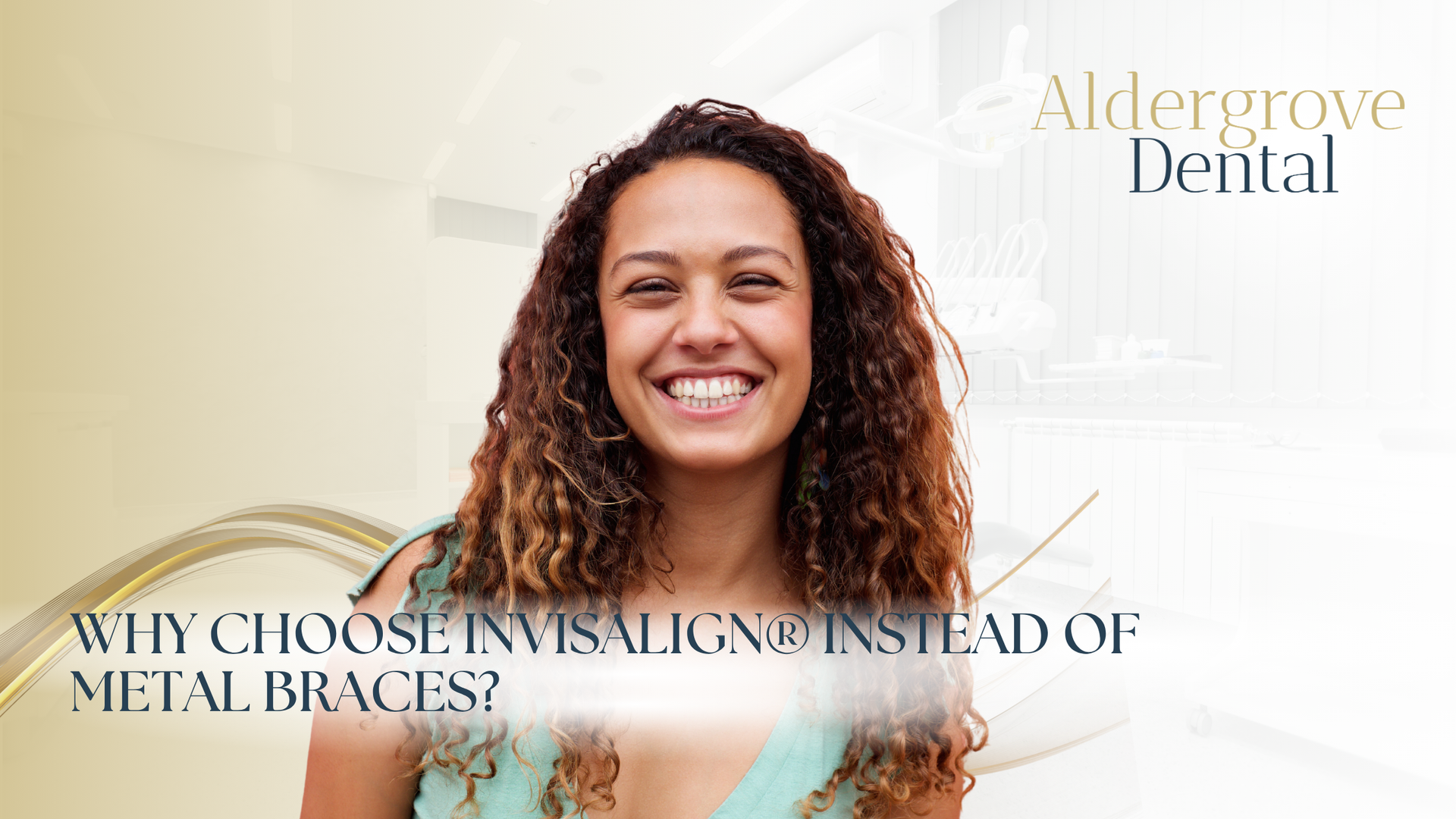 Smiling person in a teal top with text: “Why choose Invisalign instead of metal braces?”