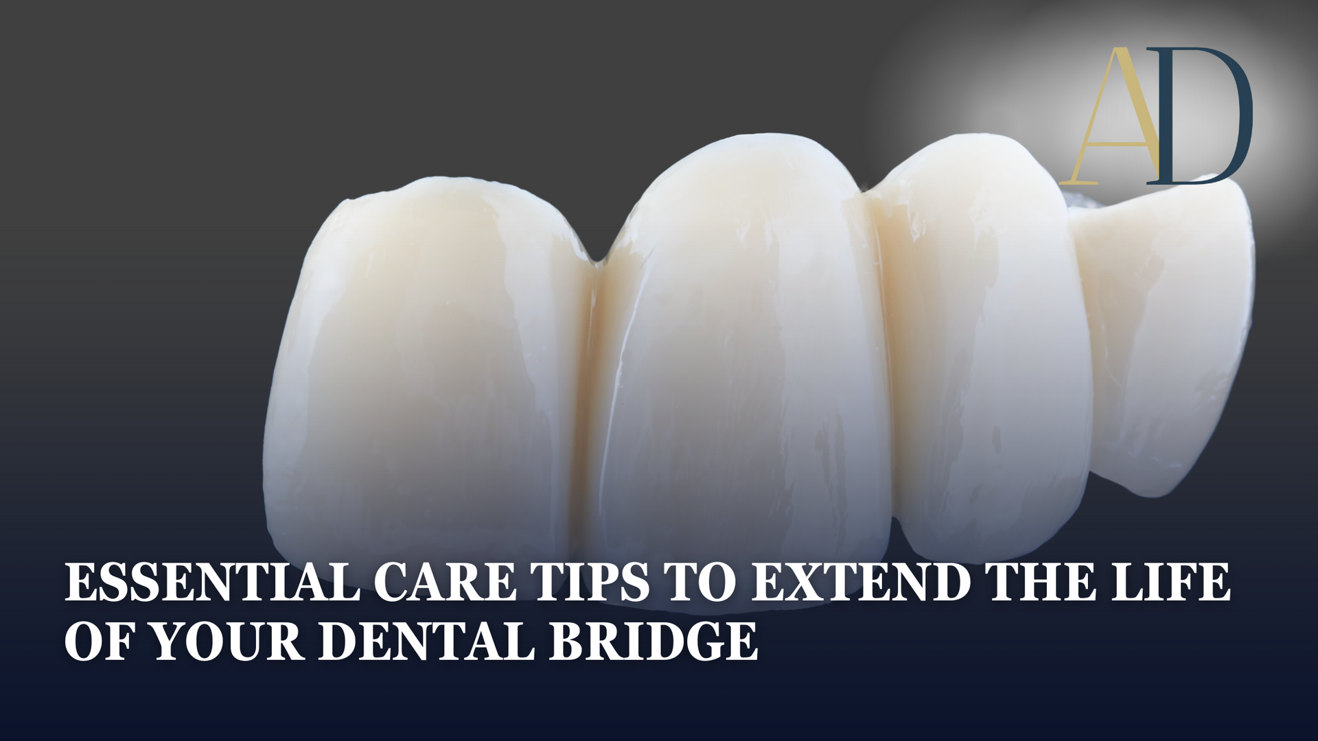 Dental bridge on dark background with text: