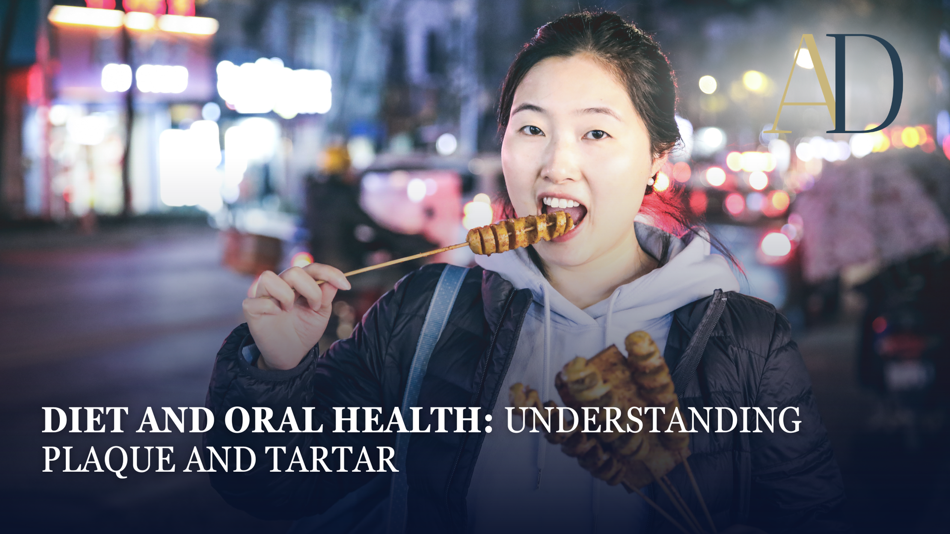 Woman eating street food at night with text: