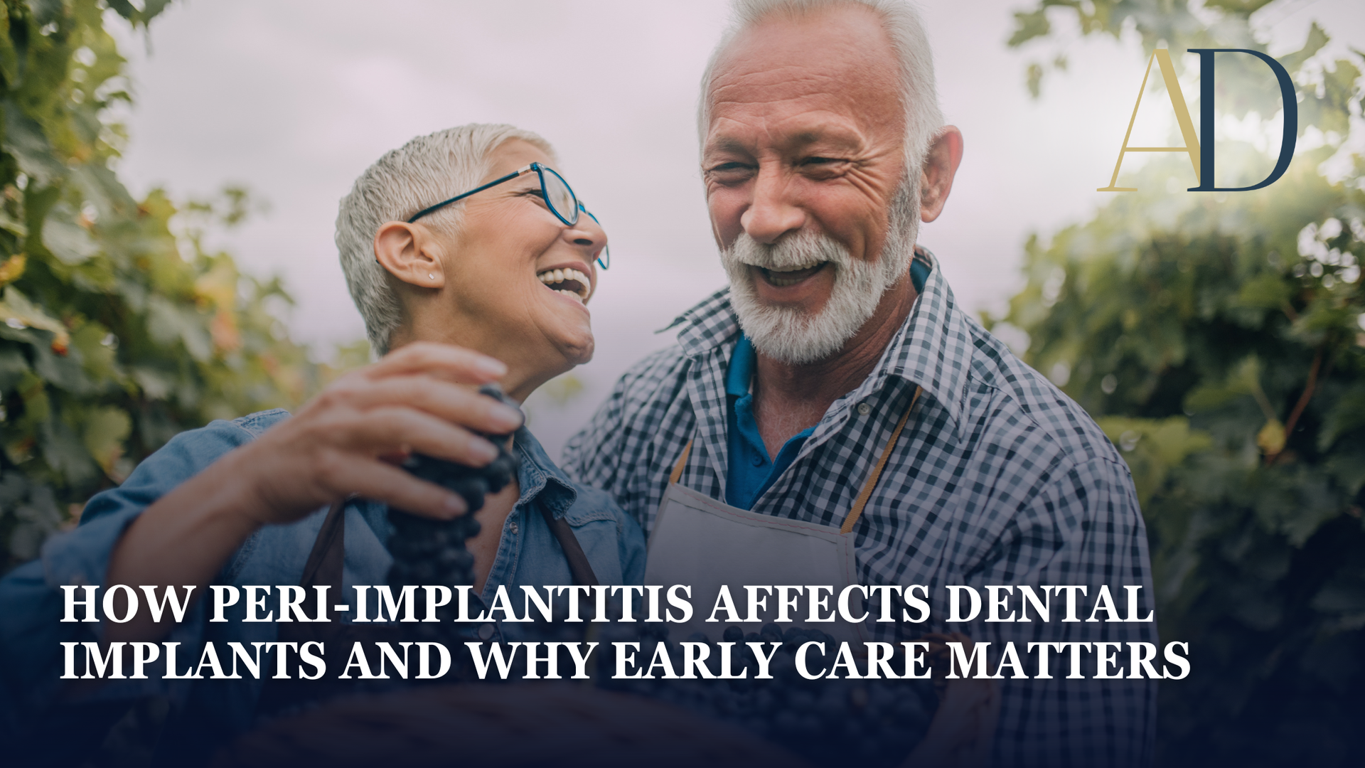 Smiling couple outdoors with headline text: “How peri-implantitis affects dental implants and why early care matters.”