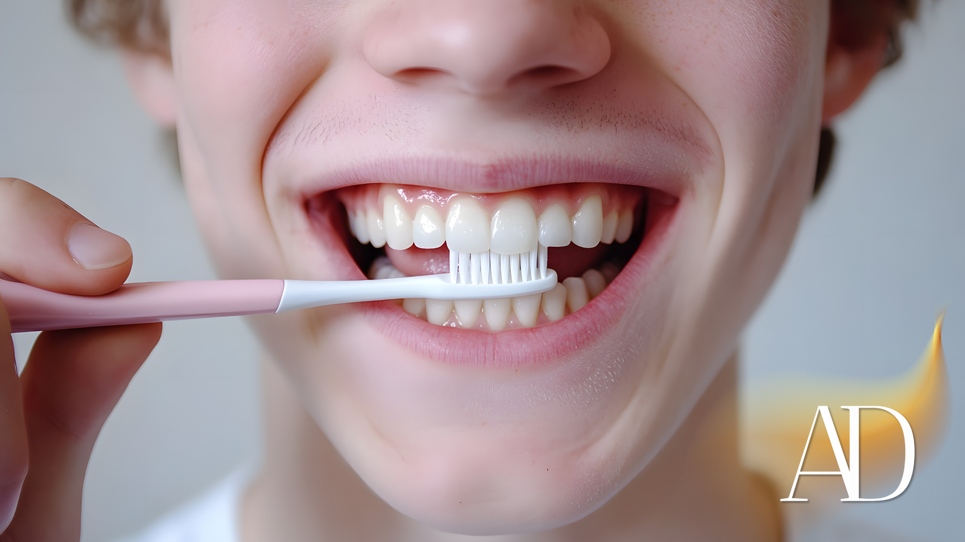 Person brushing teeth with a pink toothbrush, showing a wide smile and clean white teeth.