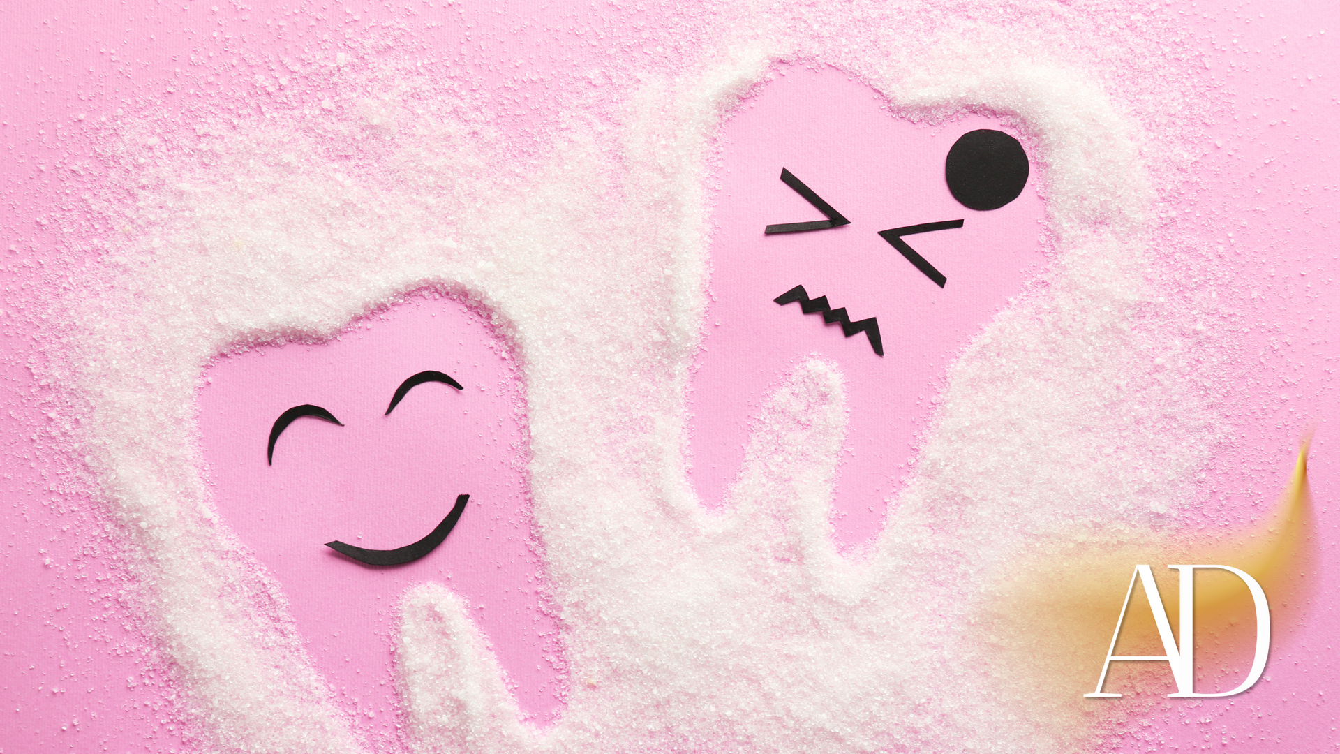 Two pink cartoon teeth on a pastel pink background, one smiling and one with an aching expression.