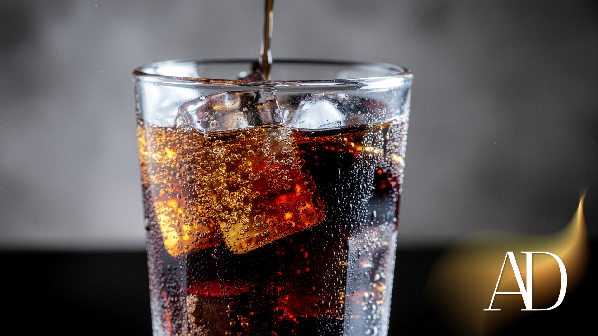 Cola being poured into a glass with ice cubes, against a dark background