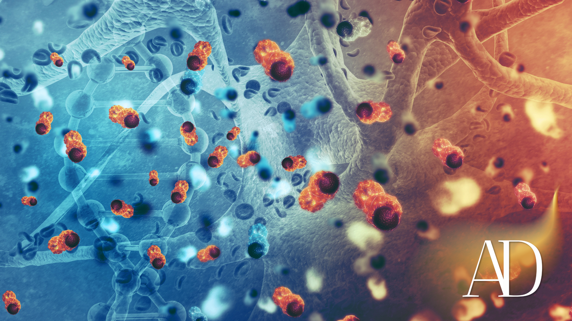 Abstract blue and orange molecular pattern with small floating particles and “AD” text in the corner