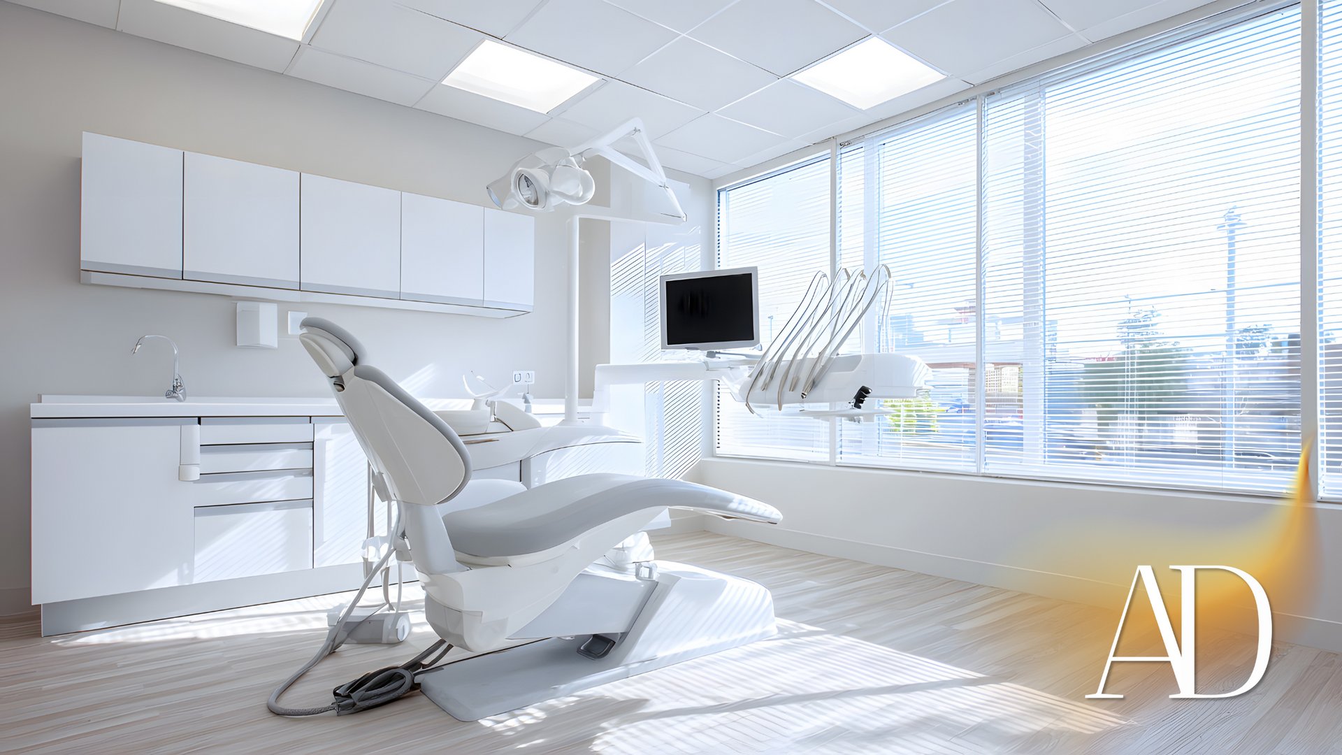 Bright modern dental office with white chair, cabinets, and large windows overlooking a city view