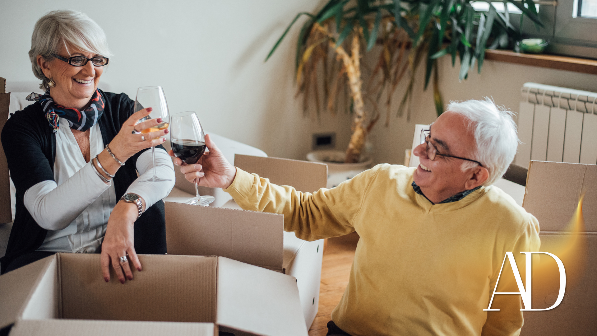 Two older adults toast with wine among moving boxes in a bright living room