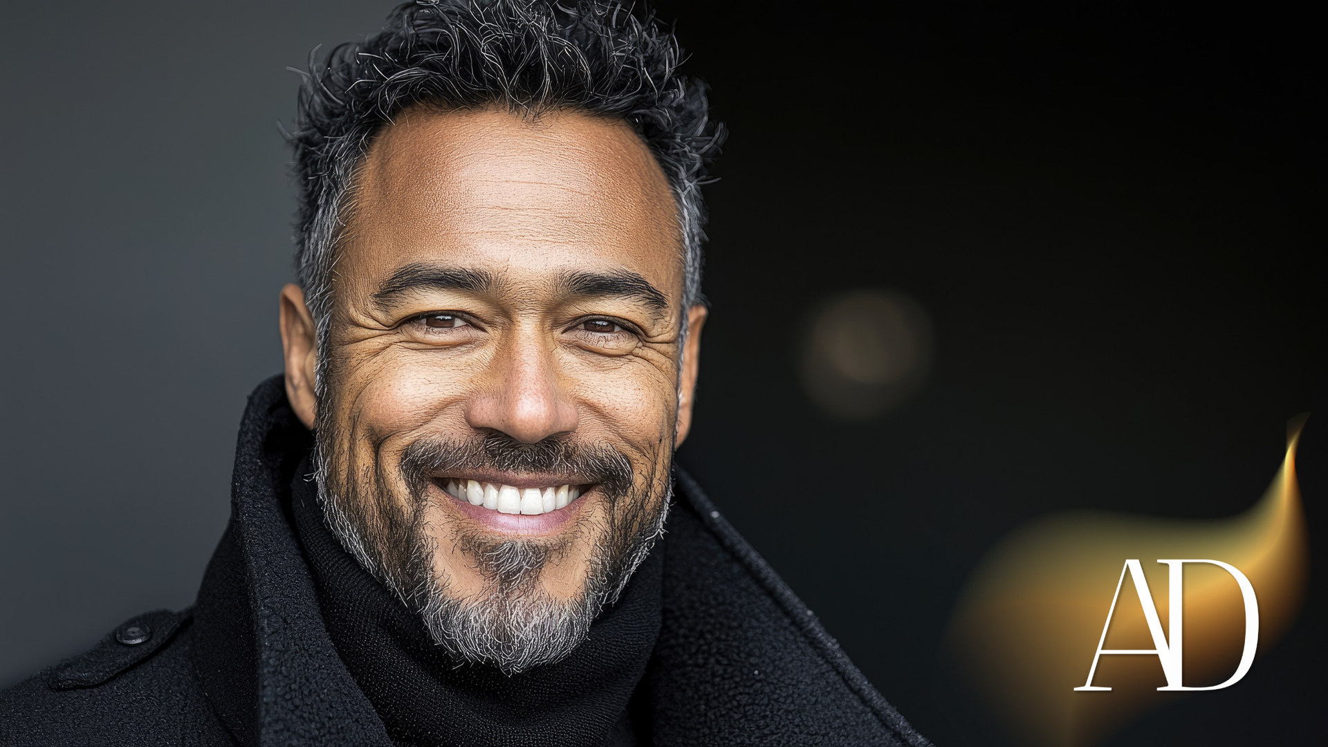 Smiling man in a dark coat against a blurred dark background with an “AD” logo in the corner