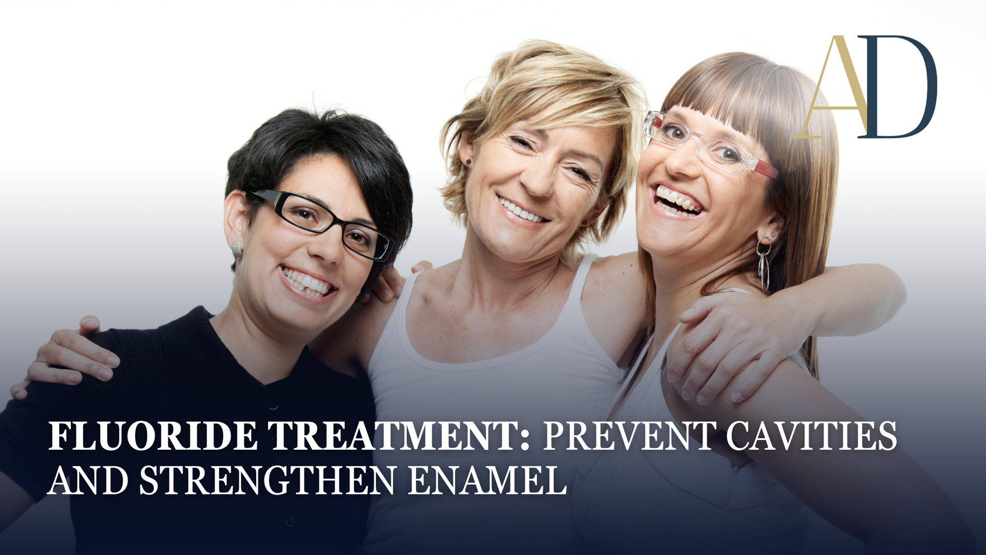 Three smiling people in a dental ad with text: “Fluoride treatment: Prevent cavities and strengthen enamel.”