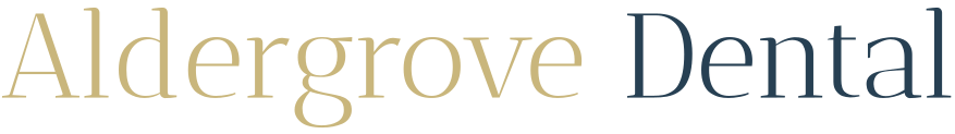 Aldergrove Dental logo with gold and dark gray text on a light background