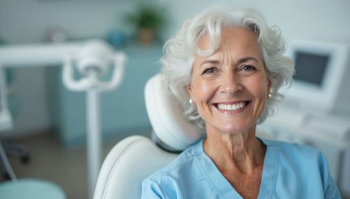 Smiling patient in a dental chair with a blurred clinic background