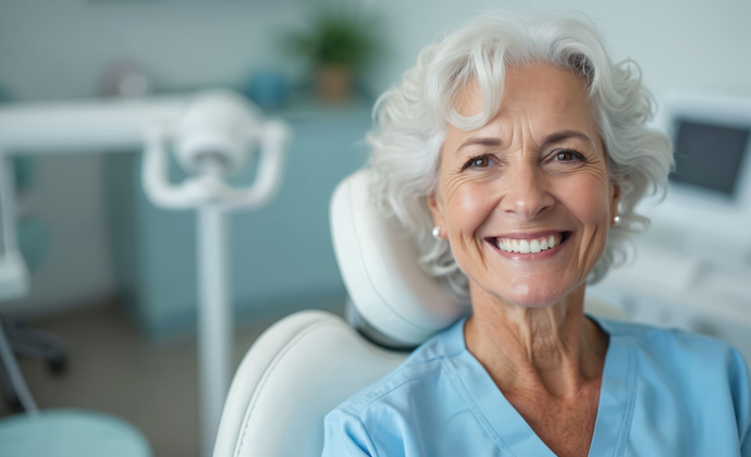 Smiling patient in a dental chair with a blurred clinic background