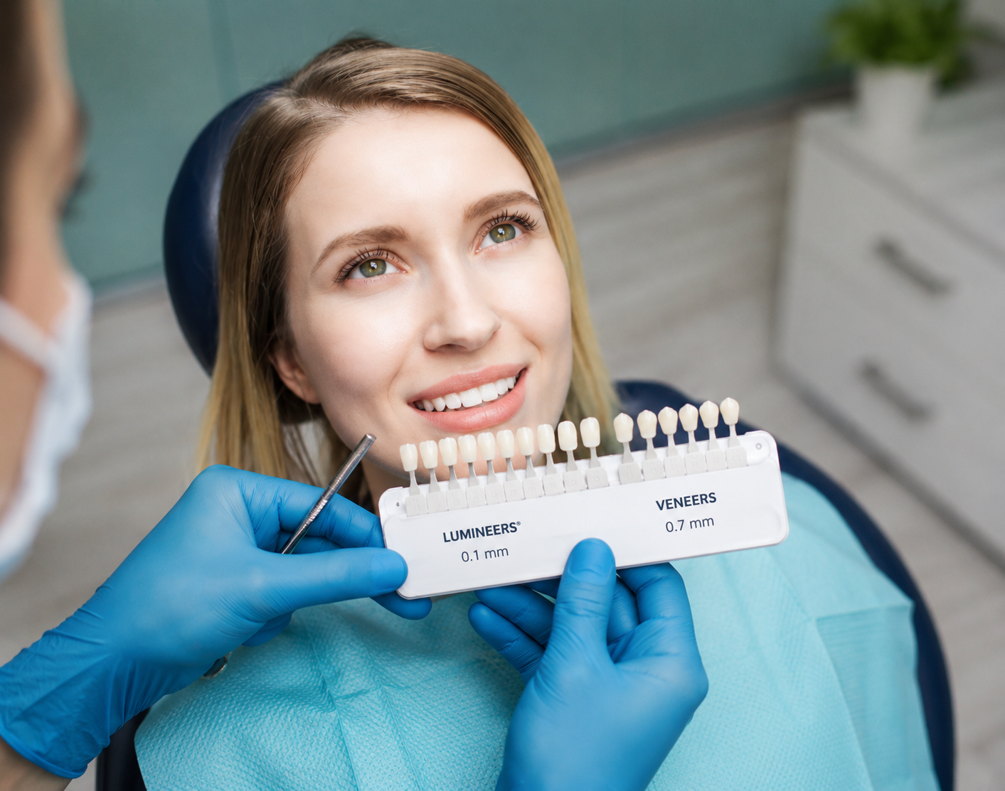 Dentist holding a tooth shade guide near a smiling patient in a dental chair