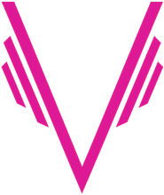 Pink stylized letter "V" with wing-like angled bars on each side.