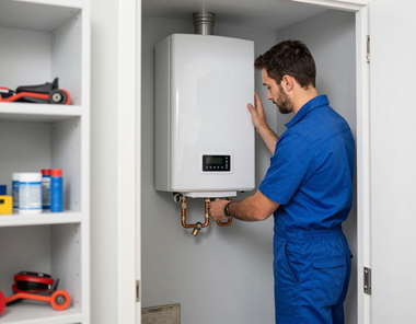 Technician in blue overalls servicing a white wall-mounted boiler in a utility closet.