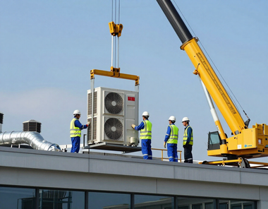 Workers and crane installing a rooftop HVAC unit on a commercial building