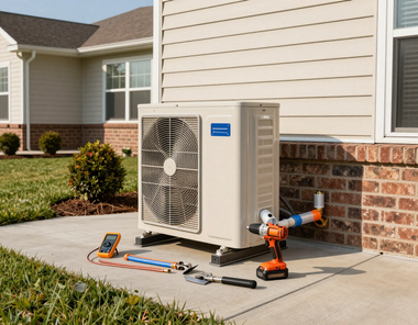 HVAC technician tools beside an outdoor air conditioner unit on a house patio