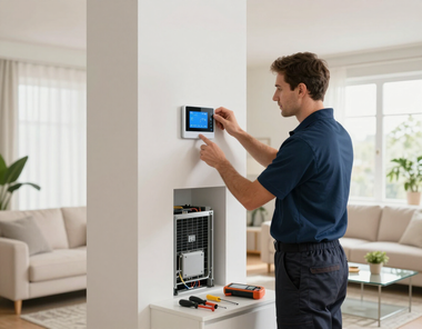 Man adjusting a wall-mounted smart thermostat beside an open electrical panel in a bright living room