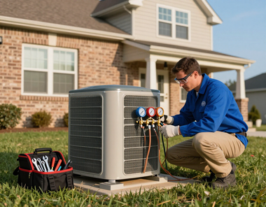 Technician servicing an outdoor HVAC unit beside a house, with tools laid out on the grass.