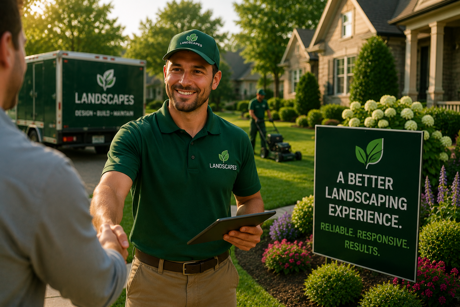 Lawn care worker in green uniform shakes hands with a homeowner beside a landscaped yard and company sign.