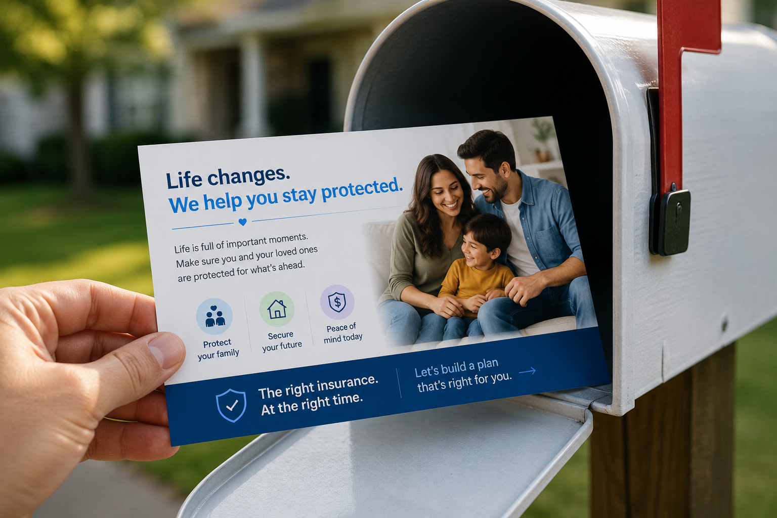 Hand placing a flyer in a white mailbox with a family photo and blue text