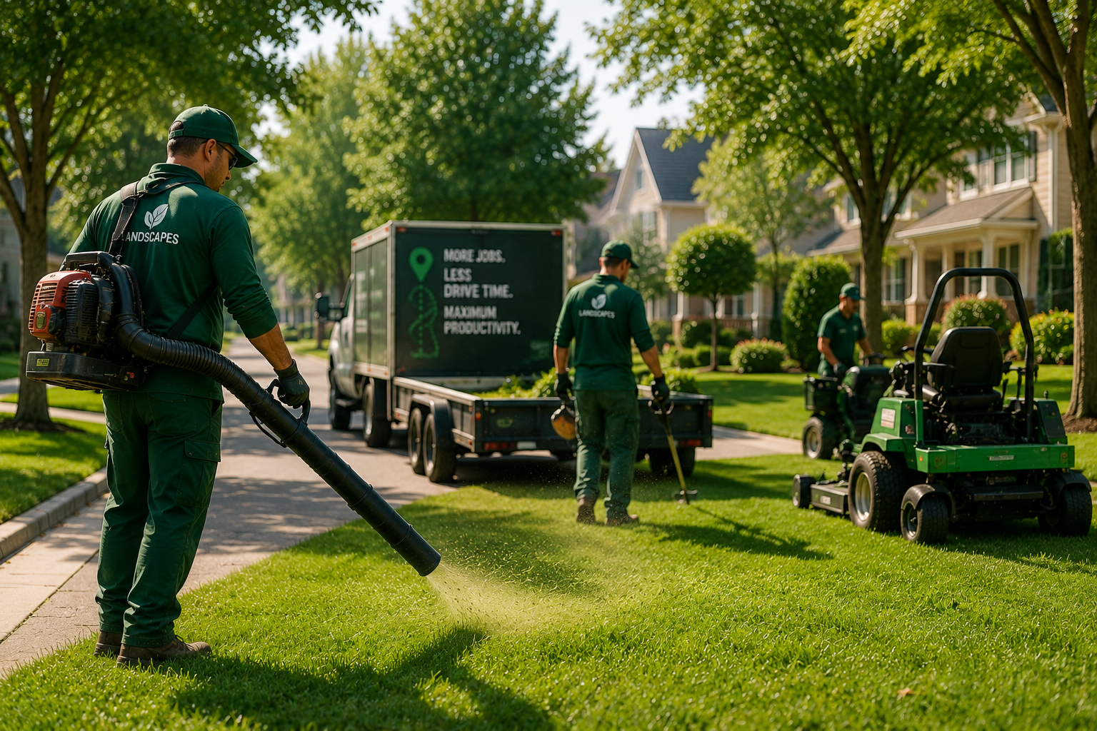 Workers using leaf blowers and a lawn mower in a green suburban yard
