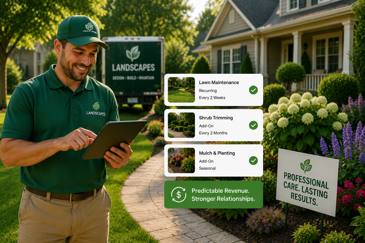 Landscape worker using a tablet beside a white house with garden service app UI overlays