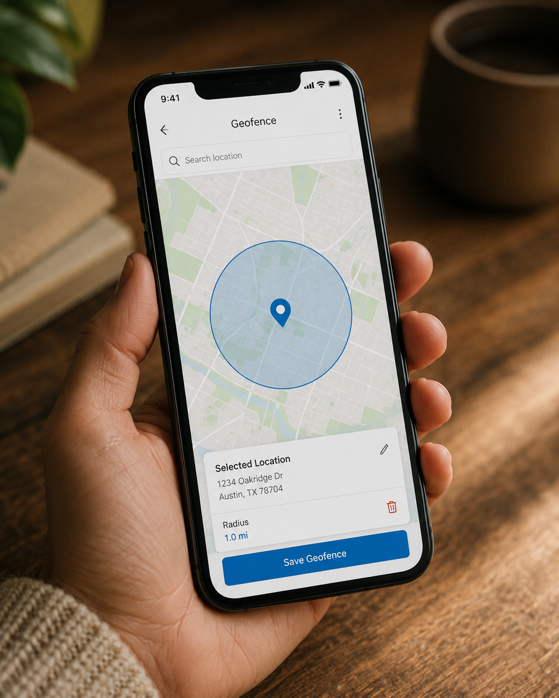 Hand holding a smartphone showing a map location screen with a blue pin and search button