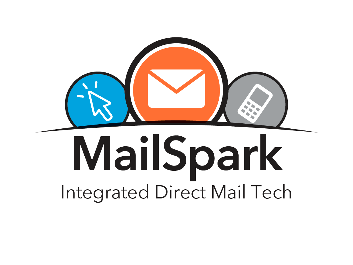 MailSpark logo with orange envelope, blue cursor, and gray phone icons above “Integrated Direct Mail Tech”