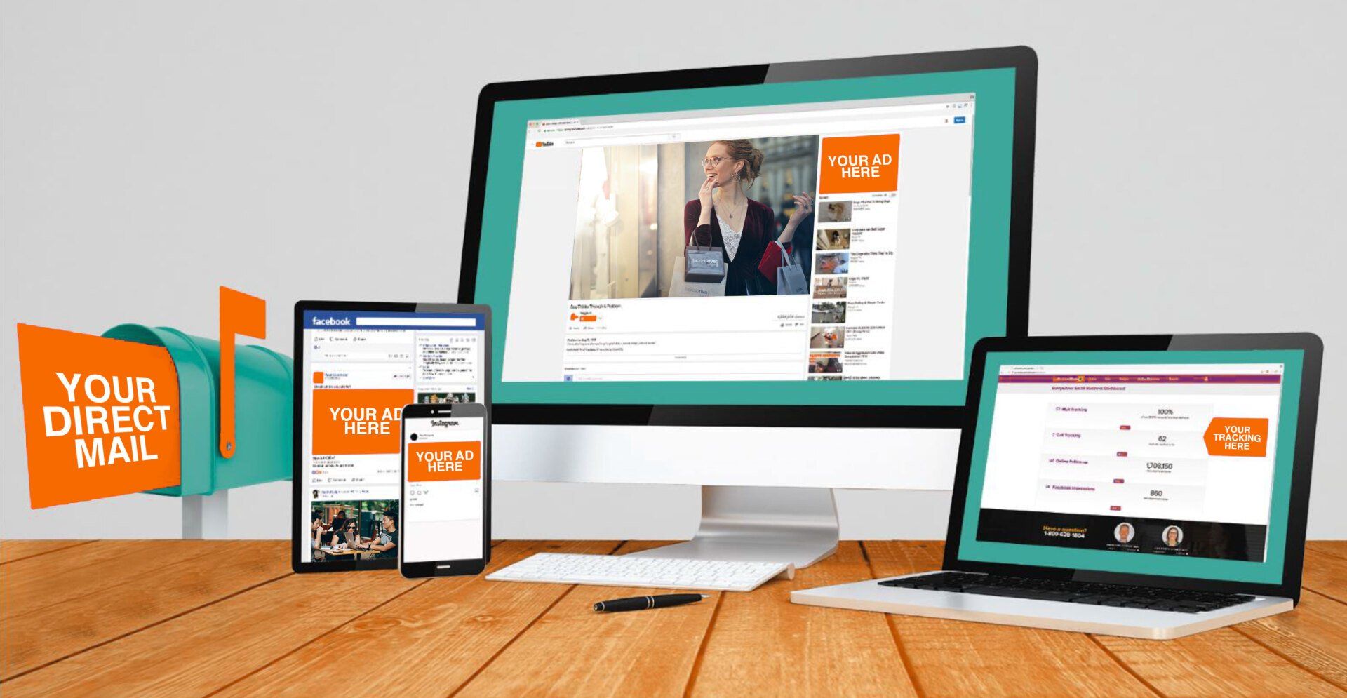 Digital marketing campaign with devices & a mailbox, showcasing online ads.