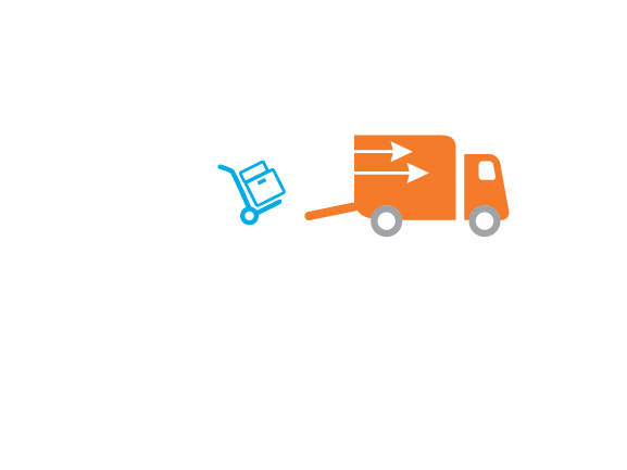 Orange delivery truck moving a blue hand truck loaded with boxes