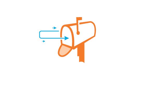 Orange mailbox with blue arrows indicating mail being sent out