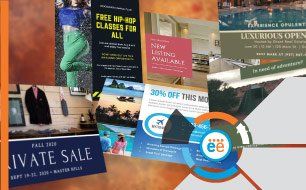 Assorted colorful event flyers and sale ads arranged in a collage, with a magnifying glass icon over one flyer.