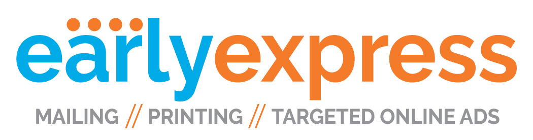 Early Express logo with orange and blue text and tagline: mailing, printing, targeted online ads