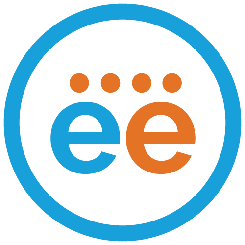 Blue circular logo with orange “ee” letters and dots above them
